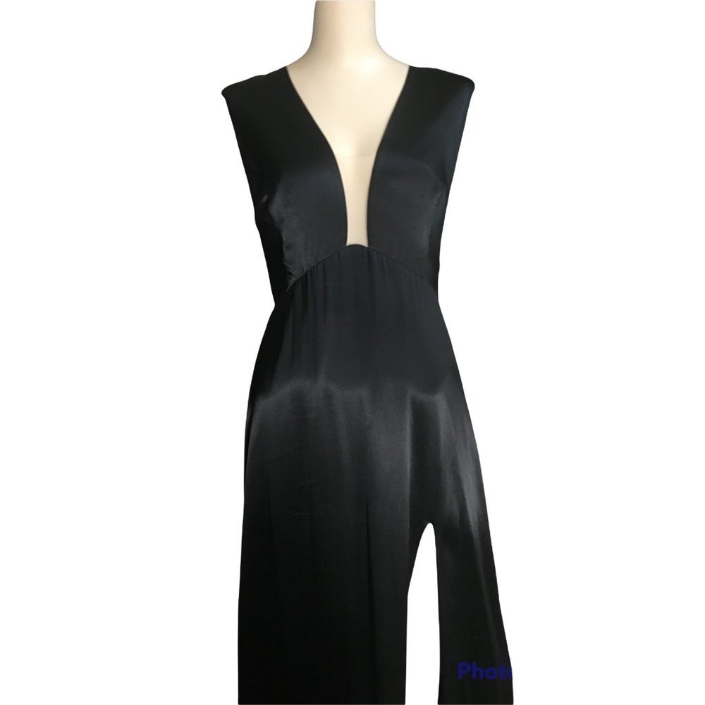 Sau Lee Genevie Black Satin Sleeveless V-Neck Maxi Gown New - Picture 5 of 15